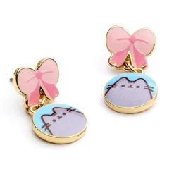 Pusheen Bow Golden Enamel Drop Earrings