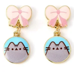 Pusheen Bow Golden Enamel Drop Earrings